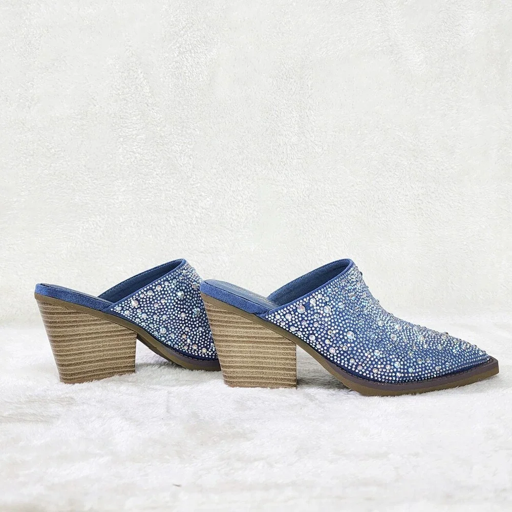 NIB Vibes Western Cowgirl Denim Slip On Shoes Mules / Clogs Iridescent Rhinesto - Picture 5 of 9